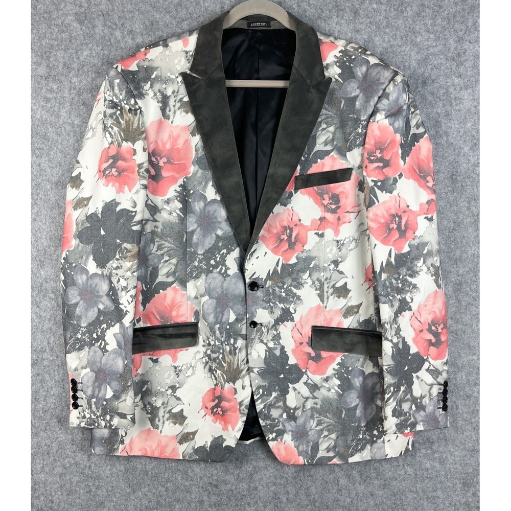 Angelino Dinner Jacket Blazer Mens 46 Pink Gray Floral Velvet Lapel